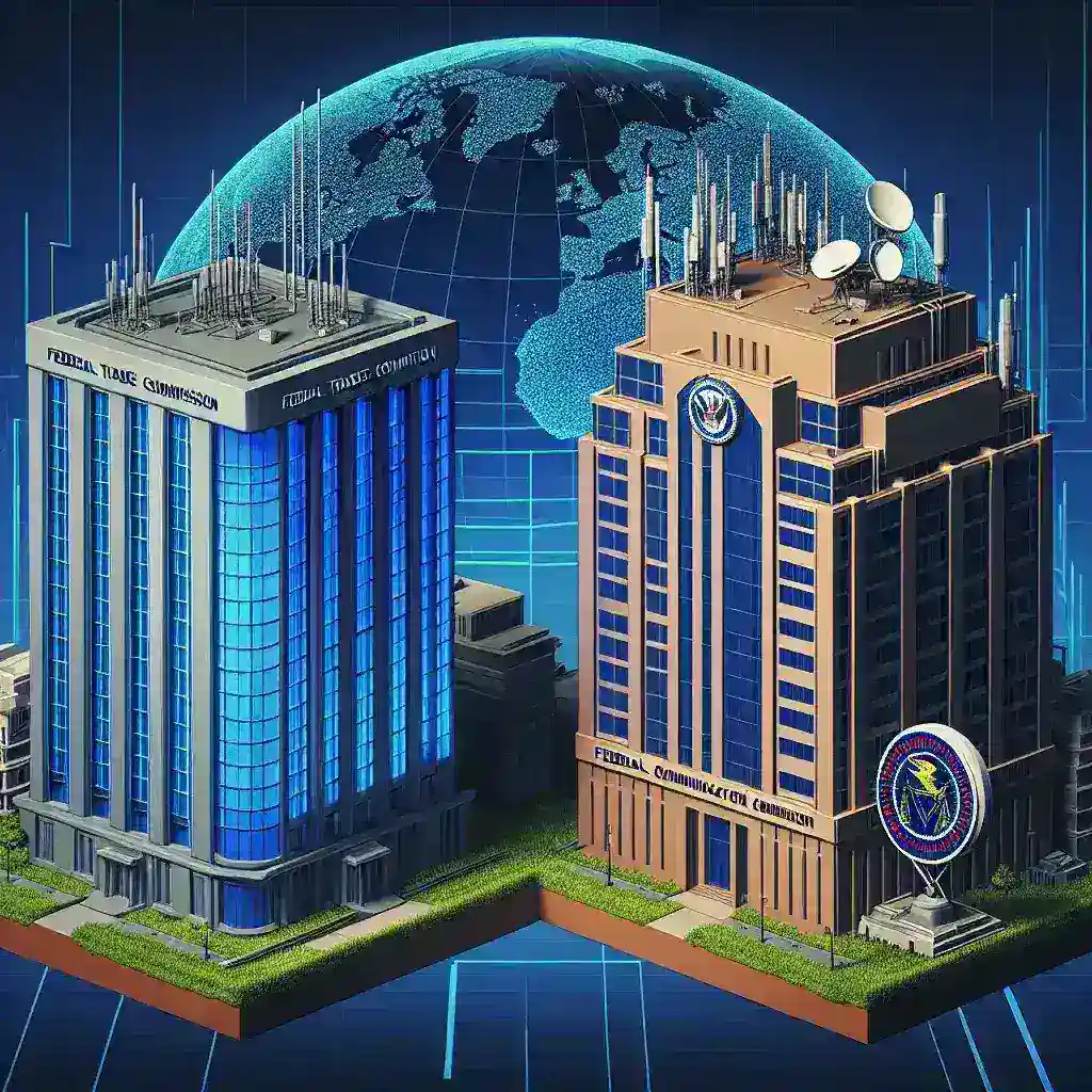 "Ilustrasi perdebatan antara FTC dan FCC mengenai regulasi sensor Big Tech, menyoroti dampak dan implikasi internasional dalam berita teknologi."