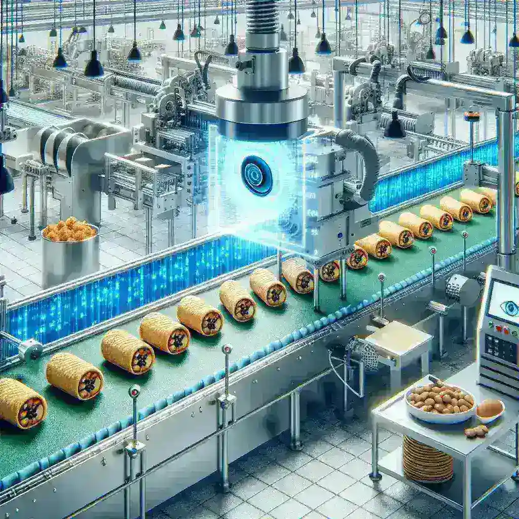 "Implementasi teknologi computer vision dalam quality control industri makanan tradisional, menunjukkan sistem pemantauan otomatis yang memeriksa kualitas produk makanan dengan akurasi tinggi."