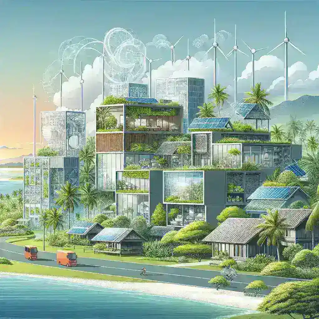 "Diagram of energy-efficient smart building design tailored for Indonesia's climate, showcasing sustainable features like solar panels, green roofs, and natural ventilation systems."