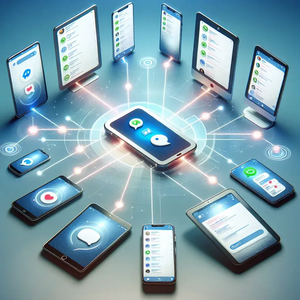 "Ilustrasi fitur multi-device WhatsApp, menampilkan berbagai perangkat yang terhubung tanpa perlu ponsel utama aktif, sesuai dengan pembaruan terbaru di artikel 'WhatsApp Tambahkan Fitur Multi-Device Tanpa Perlu Ponsel Utama Aktif.'"