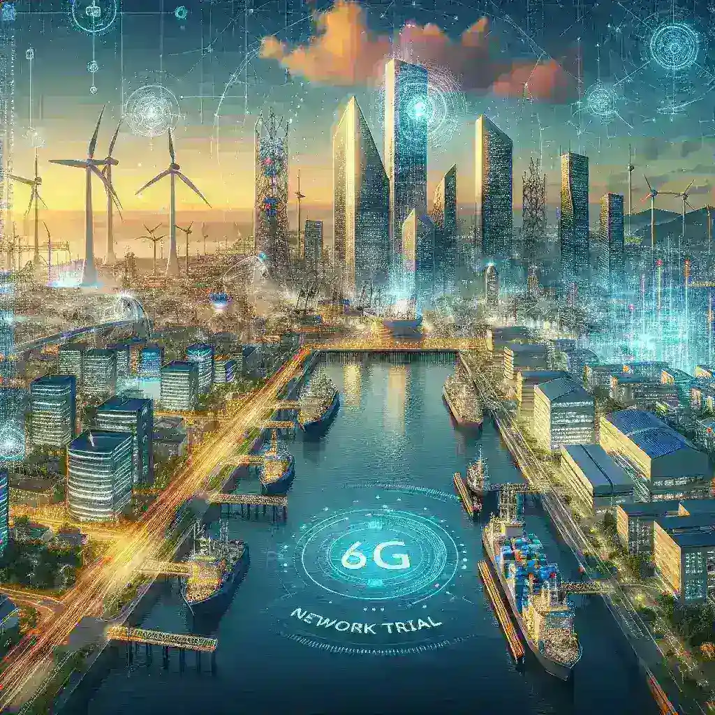 "Ilustrasi jaringan 6G di Pelabuhan Pintar Kota Balikpapan, menggambarkan infrastruktur modern untuk uji coba teknologi canggih guna meningkatkan efisiensi pelabuhan."
