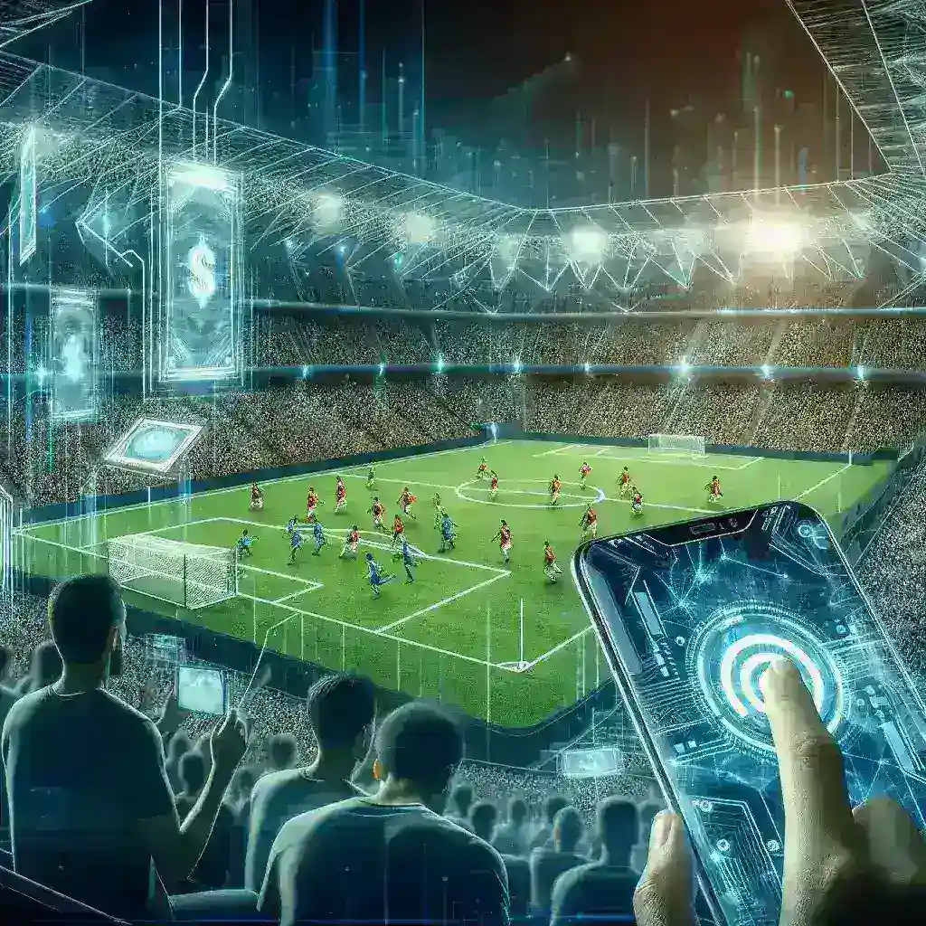 "Stadion olahraga modern dengan sistem teknologi tanpa kasir Amazon, menunjukkan penggemar yang menggunakan aplikasi untuk melakukan pembelian tanpa antrean."